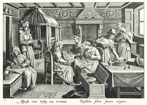 Obchodzenie się z jajami jedwabników (grawerowanie) autorstwa Jan van der Straet