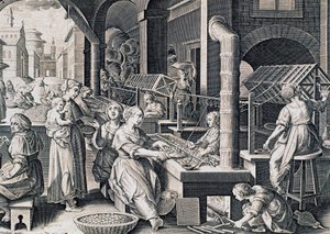 Vermis sericus, kobiety przędzące jedwab i podgrzewające jedwabniki w ogniu, rycina Stradanusa (1523-1605), Włochy autorstwa Jan van der Straet