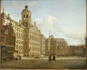 Ulica Dam i nowy ratusz w Amsterdamie, Holandia ... autorstwa Jan van der (manner of) Heyden