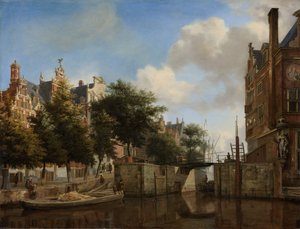 Amsterdam City View z domami na Herengracht i starym Haarlemmersluis, ok. 1670