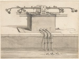 Podwójna pompa ssąca przed wężem strażackim autorstwa Jan van der Heyden
