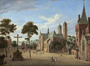 Widok Kolonii z wieżami St. Pantaleon i wyimaginowaną wersją nawy Martinikerk w Emmerik autorstwa Jan van der Heyden