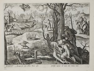 Ptaszniki używające pułapek przynęty na szczury do chwytania jastrzębi, płyta 64, ilustracja z „Venationes, Ferarum, Avium, Piscium” (O polowaniu: dzikie zwierzęta, ptaki, ryby), ryt. Jan Collaert (1566-162 autorstwa Jan van der Straet