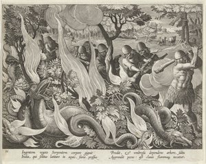 Łapanie węży w Indiach za pomocą maczug i pochodni do rozświetlania zarośli, wyd. 1640 grawerowanie. autorstwa Jan van der Straet