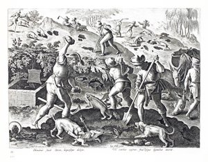 Wykopywanie i chwytanie borsuków, ilustracja z „Venationes, Ferarum, Avium, Piscium” (O polowaniu: dzikie zwierzęta, ptaki, ryby), sztychowana przez Jana Collaerta (1566-1628), wyd. przez Phillipusa Gallaeusa, Ams autorstwa Jan van der Straet