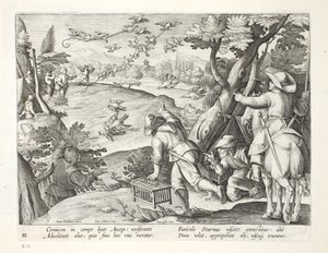 Puchacze łapiące wrony, ilustracja z "Venationes, Ferarum, Avium, Piscium" (O polowaniu: dzikie zwierzęta, ptaki, ryby), rycina Jana Collaerta (1566-1628), wydana przez Phillipusa Gallaeusa, Amsterdam (eng. autorstwa Jan van der Straet