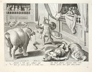 Hannibal każe walczyć pokonanym Rzymianom, ilustracja z „Venationes, Ferarum, Avium, Piscium” (O polowaniu: Dzikie zwierzęta, ptaki, ryby), sztychowana przez Jana Collaerta (1566-1628), wyd. przez Phillipusa autorstwa Jan van der Straet