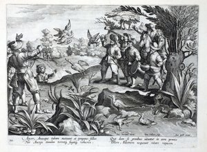 Myśliwi wykorzystujący sokoły do polowania na gęsi, ilustracja z „Venationes, Ferarum, Avium, Piscium” (O polowaniach: dzikie zwierzęta, ptaki, ryby), ryt. Jan Collaert (1566-1628), wyd. przez Phillipusa Gallaeusa, A autorstwa Jan van der Straet