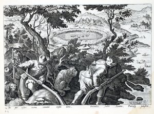 Polowanie na kaczki, ilustracja z "Venationes, Ferarum, Avium, Piscium" (O polowaniu: dzikie zwierzęta, ptaki, ryby), rycina Jana Collaerta (1566-1628), wydana przez Phillipusa Gallaeusa, Amsterdam (grawerunek autorstwa Jan van der Straet
