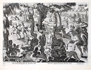Polowanie na małpy na wsi, ilustracja z „Venationes, Ferarum, Avium, Piscium” (O polowaniu: dzikie zwierzęta, ptaki, ryby), sztych. Jan Collaert (1566-1628), wyd. przez Phillipusa Gallaeusa, Am autorstwa Jan van der Straet