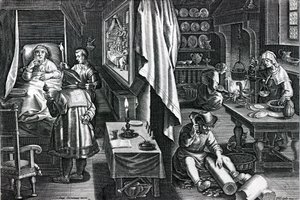 Hyacum et lues venerea, tablica 6 z "Nova Reperta", wyryta przez Philipa Galle, ok. 1580-1605 (rycina) autorstwa Jan van der Straet