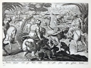 Wrzosowiska na koniu polują na strusie, tablica 62, ilustracja z „Venationes, Ferarum, Avium, Piscium” (Polowanie: Dzikie zwierzęta, Ptaki, Ryby), sztych. Jan Collaert (1566-1628), wyd. przez Phillipusa autorstwa Jan van der Straet