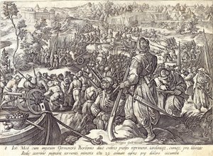 Śmierć Giovanniego Medyceuszy w bitwie, tablica 8 z „Historii Medyceuszy”, sztychowana przez Hendricka Goltziusa (1558-1617), ok. 1583 autorstwa Jan van der Straet