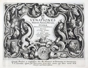 Strona tytułowa „Venationes, Ferarum, Avium, Piscium” (O myślistwie: Dzikie zwierzęta, ptaki, ryby), ryt. Jan Collaert (1566-1628), wyd. autorstwa Phillipusa Gallaeusa, Amsterdam autorstwa Jan van der Straet