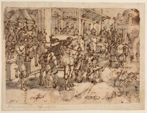 Wynalezienie strzemienia, projekt do „Staphae, sive stapedes”, pl. 9 w serii druków Nova Reperta (Nowe wynalazki współczesności) autorstwa Jan van der Straet, called Stradanus
