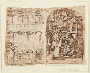 Strona szkicownika; Elewacja Pałacu, Zwiastowanie, Ostatnia Wieczerza autorstwa Jan van der Straet, called Stradanus