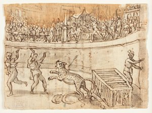 Po prawej: Imperator Kommodus zabija lamparta; Zwrotka: Szkic Luigiego Alamanniego i napis w jego ręce odnoszący się do Historiae Herodianusa, I, 15, 6-7 autorstwa Jan van der Straet, called Stradanus
