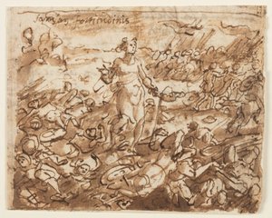 Recto: Samson, po pokonaniu Filistynów, pije wodę ze szczęki osła, projekt wstępny do "Spiritus Fortitudines" (Duch Siły), płyta 4 w serii druków "Siedem Darów Ducha Świętego". Verso: zasłonięty napis autorstwa Jan van der Straet, called Stradanus