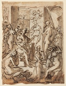 Recto: Zeuxis maluje Helenę; Verso: Studia postaci do ilustracji ósmego kręgu, dziesiątej bolgia Dantego Piekła (Fałszywicy: Mistrz Adamo, Sinon z Troi, Żona Potyfara) autorstwa Jan van der Straet, called Stradanus
