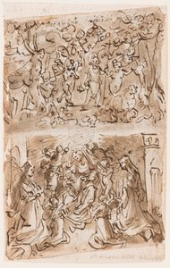 Recto, powyżej: młody św. Jan Chrzciciel prowadzony przez aniołów na pustyni; Recto, poniżej: Sacra Conversazione ze św. Barbara i Katarzyna; Verso, powyżej: Ukrzyżowanie; Verso, poniżej: Chrystus uzdrawiający paralityków w pobliżu sadzawki Bethesda autorstwa Jan van der Straet, called Stradanus