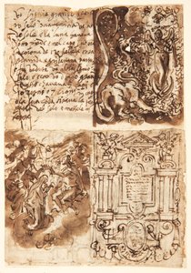 Recto u góry po lewej: fragment dotyczący Niewiasty Apokalipsy z Księgi Objawienia; Recto, u góry po prawej: Kobieta Apokalizy; Recto, poniżej po lewej: Frontyspis do druku serii Żywot Dziewicy; Recto, poniżej po prawej: Koronacja Viri autorstwa Jan van der Straet, called Stradanus