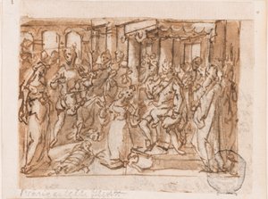 Sąd Salomona, projekt wstępny "Spiritus Sapientiae" (Duch Mądrości), płyta 1 z serii druków "Siedem Darów Ducha Świętego" autorstwa Jan van der Straet, called Stradanus