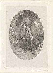 Mężczyzna przy drzewie w lesie autorstwa Jan van der Veen (prentmaker)