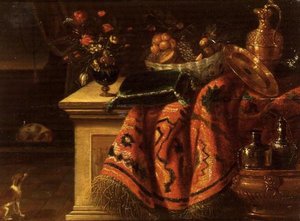 Martwa natura z wazonem z kwiatami, owocami w misce, pozłacanym dzbankiem i talerzem oraz poduszką autorstwa Jan van the Elder (follower of) Kessel