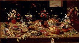 Martwa natura z owocami i kwiatami Tabela zwieńczona potrawami z figami, śliwkami, granatami, winogronami, brzoskwiniami. Obraz miedziany Jana Van Kessela (1626-1679) Galleria Doria Pamphilj, Rzym - Martwa natura z kwiatów, owoców i zwierząt autorstwa Jana