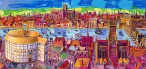 Shakespeares Globe Theatre w Southbank, 2006 (atrament i gwasz) autorstwa Jane Tattersfield