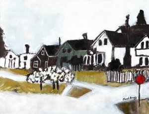 Domy przy 7. ulicy, ok. 2020 (akwarela, kazeina i węgiel na papierze) autorstwa Janel Bragg