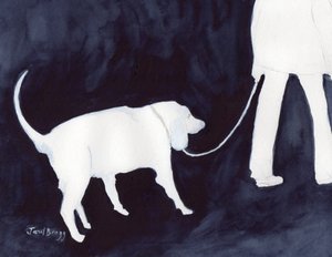 Mężczyzna spacerujący z psem w kolorze indygo II, ok. 2018 (akwarela i ołówek na papierze) autorstwa Janel Bragg