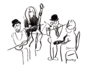 Muzycy na festiwalu wiktoriańskim, ok. 2021 (węgiel na papierze) autorstwa Janel Bragg
