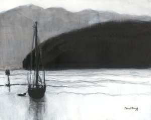 Żaglówka w porcie Anacortes, ok. 2021 (węgiel, tusz i gesso na papierze) autorstwa Janel Bragg