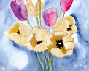 Tulipany na stole mamy, ok. 2016 (kazeina i akwarela na papierze) autorstwa Janel Bragg