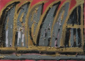 Płonący Dom, 2013 (gwasz, popiół drzewny i złoty płatek na papierze) autorstwa Janet McKenzie