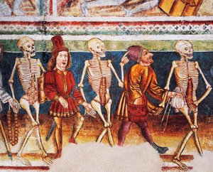 Kościół obronny w Hrastovlje, Kościół Trójcy Świętej, Śmierć towarzysząca kupcowi i bogatemu bankierowi, Taniec śmierci (1490), fragment fresków Janeza Iz Kastvy, Słowenia