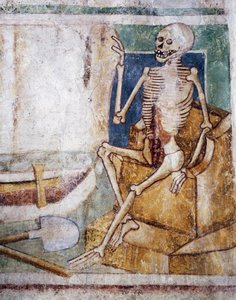 Kościół obronny w Hrastovlje, Kościół Trójcy Świętej, płyta grobowa otwierająca śmierć, Taniec śmierci (1490), fragment fresków Janeza Iz Kastvy, Słowenia