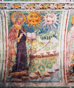 Kościół obronny Hrastovlje, Kościół Trójcy Świętej, Genesis, Bóg tworzy słońce, księżyc i gwiazdy (1490), fragment fresków Janeza Iz Kastvy, Słowenia