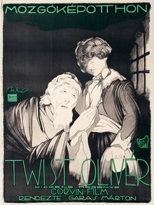 Plakat do niemego filmu „Oliver Twist” węgierskiej wytwórni filmowej Corvin autorstwa Janos Bednar