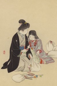 Matka i jej dziewczyna przygotowujące prezenty do wysłania na front (chromolitho) autorstwa Japanese School