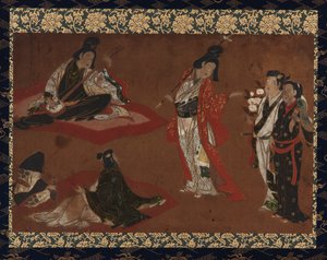 Piknik, Wiszący zwój (zamontowany na desce), początek XVII w. (kolor i złoto na papierze) autorstwa Japanese School