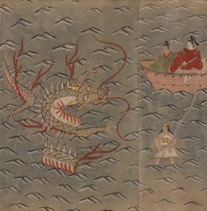 Nurek ze smokiem i kobietą, ilustracja z „Taishokkan” (tusz i kolor na papierze) autorstwa Japanese School