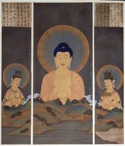 Objawienie buddyjskiej trójcy, Buddy Amitabhy i jego dwóch bodhisattwów, Kannon (Współczucie) i Seishi (Mądrość) na górze, ilustracja z magazynu "Kokka", styczeń 1909 (kolorowa litografia) autorstwa Japanese School