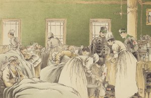 Opieka nad rannymi Rosjanami w Tymczasowym Szpitalu Japońskiego Czerwonego Krzyża w Chemulpo (chromolitho) autorstwa Japanese School