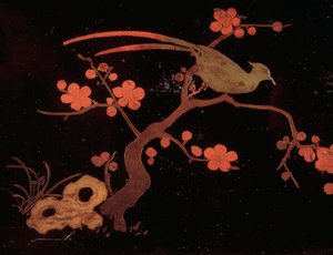 Motywy ptasie i kwiatowe, Skrzynia na piętro z drewna i lakieru autorstwa Japanese School