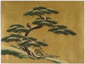 Ptak na drzewie (wc na tle złota na papierze japońskim) autorstwa Japanese School