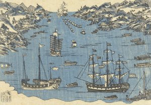 Grafika Bunkindo przedstawiająca obce statki w porcie Nagasaki, 1800-50 autorstwa Japanese School