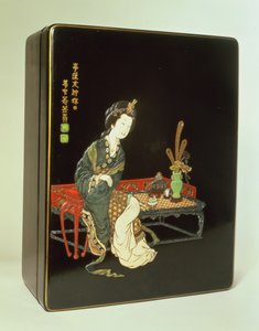 Pudełko do pisania w stylu chińskim, z wyrytą zieloną pieczęcią ceramiczną Ritsuo (lakier z kością słoniową, ceramiką, masą perłową i skorupą żółwia) autorstwa Japanese School