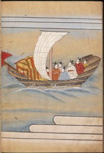 Chińscy wysłannicy w łodzi, ilustracja z „Taishokkan” (tusz i kolor na papierze) autorstwa Japanese School